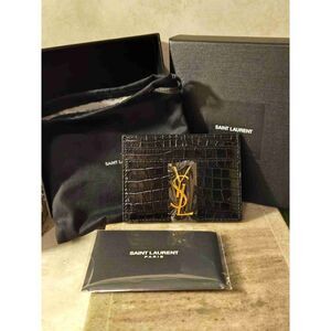 Saint Laurent Paris Black Crocodile Embossed Leather Card Holder Gold YSL Logo